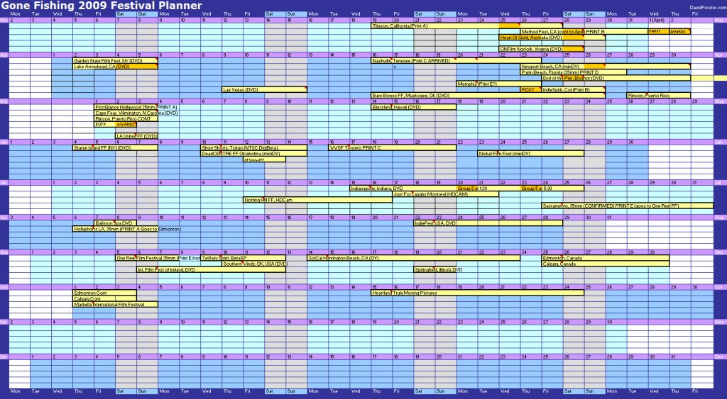 A calendar with a blue and yellow background.
