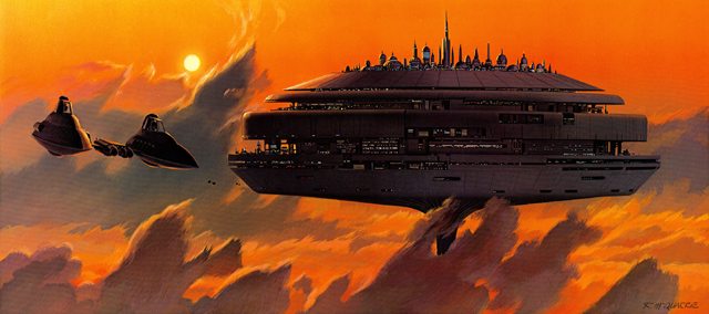 MCQ-cloudcity A painting of a futuristic spaceship flying in the sky.