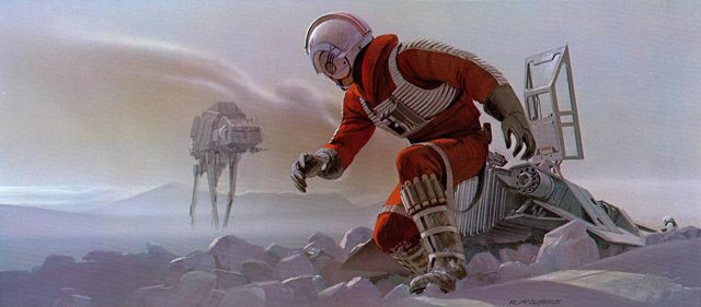 Original-Star-Wars-Storyboard-Illustrations19 A painting of a star wars character standing on a rock.